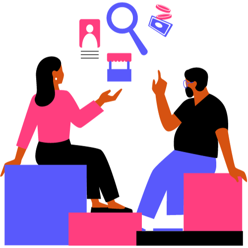 Two people sitting on boxes which is pointing out search icon